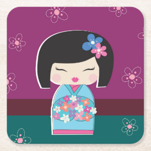 Kokeshi Doll, plum Square Paper Coaster
