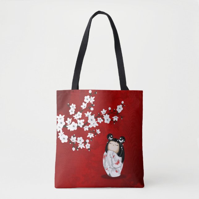 Kokeshi Doll Red Black And White Cherry Blossoms T Tote Bag (Front)
