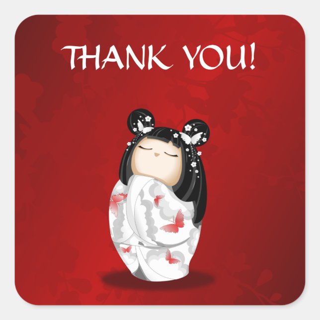 Kokeshi Doll Red Black And White Thank You Square Sticker (Front)