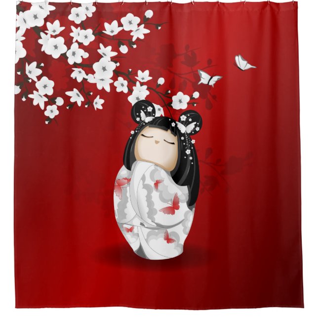 Kokeshi Doll Red Black White Cherry Blossoms (Front)