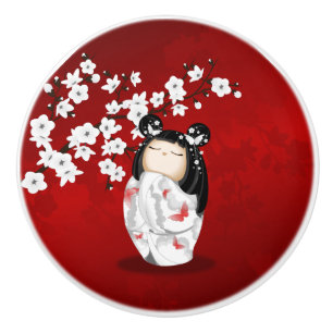 Kokeshi Doll Red Black White Cherry Blossoms Cera Ceramic Knob
