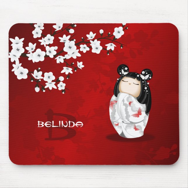 Kokeshi Doll Red Black White Cherry Blossoms  Mouse Pad (Front)