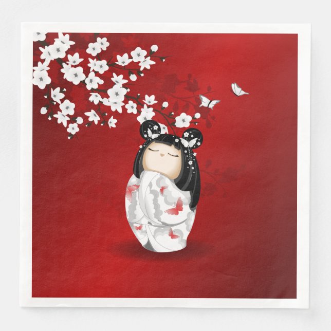 Kokeshi Doll Red Black White Cherry Blossoms Napkin (Front)