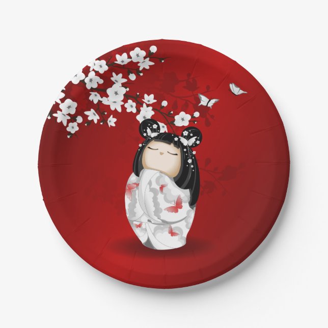 Kokeshi Doll Red Black White Cherry Blossoms Paper Plate (Front)