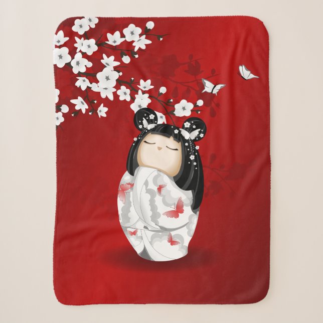 Kokeshi Doll Red Black White Cherry Blossoms Sherpa Blanket (Front)