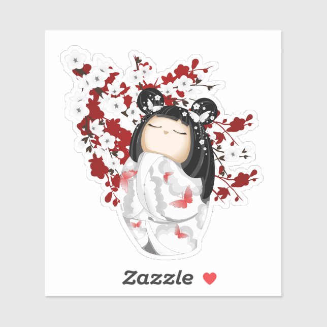 Kokeshi Doll Red Black White Cherry Blossoms Stick (Sheet)