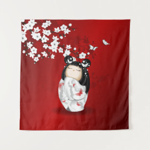 Kokeshi Doll Red Black White Cherry Blossoms Tapestry
