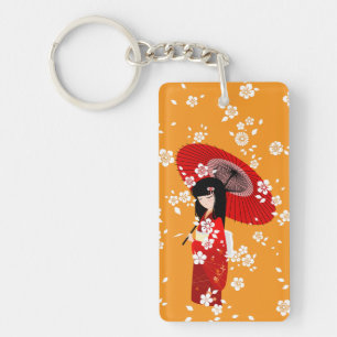 Kokeshi Doll Red Umbrella Keychain