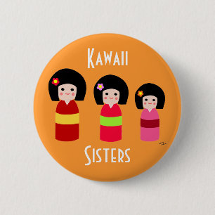 Kokeshi Doll Sisters Cartoon 2 Inch Round Button