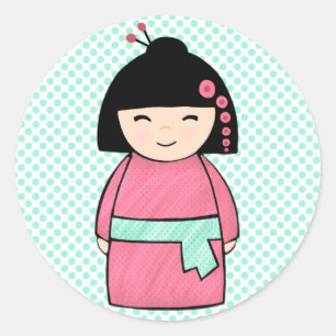 Kokeshi Doll Sticker, Glossy, 3 inch (sheet of 6) Classic Round Sticker