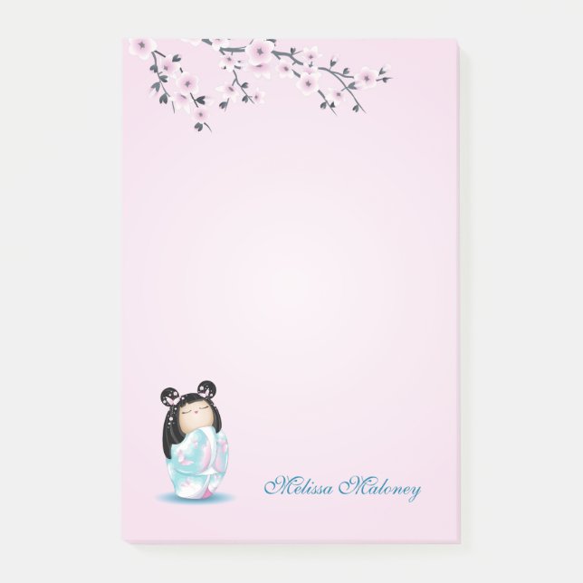 Kokeshi Doll Turquoise Pink Monogram Post-it Notes (Front)