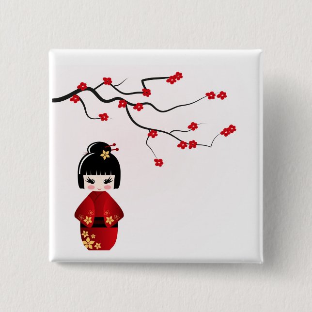 Kokeshi doll under sakura branch 2 inch square button (Front)