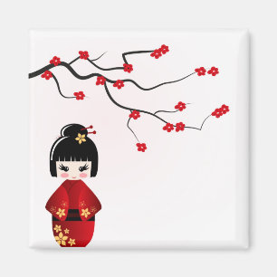 Kokeshi doll under sakura branch magnet