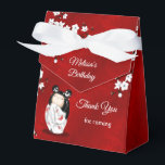 Kokeshi Doll White Red Birthday Thank You Favor Box<br><div class="desc">A cute kokeshi doll in a white kimono with red butterflies. With white cherry blossoms on a shimmering red background and a custom thank you birthday text for girl´s birthday´s.</div>
