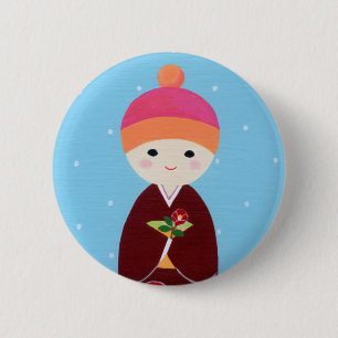Kokeshi Doll with Camellia 2 Inch Round Button