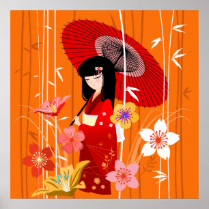 Kokeshi Doll Zen Garden Poster