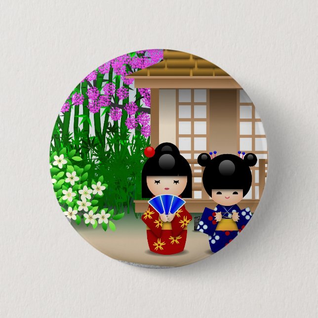 Kokeshi Dolls and Teahouse 2 Inch Round Button (Front)