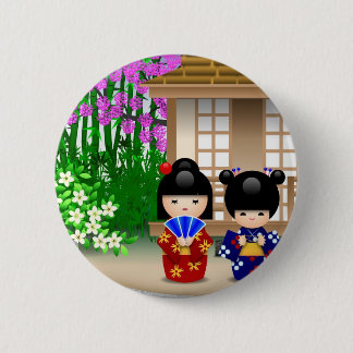 Kokeshi Dolls and Teahouse 2 Inch Round Button