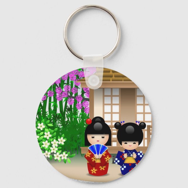 Kokeshi Dolls and Teahouse Keychain (Front)