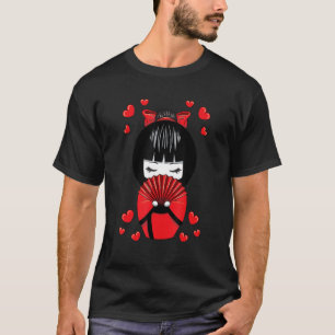 Kokeshi Geisha Doll with Hearts Valentines Day T-Shirt