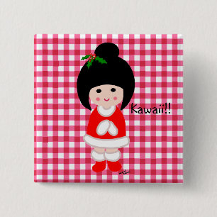 Kokeshi Girl Christmas 2 Inch Square Button