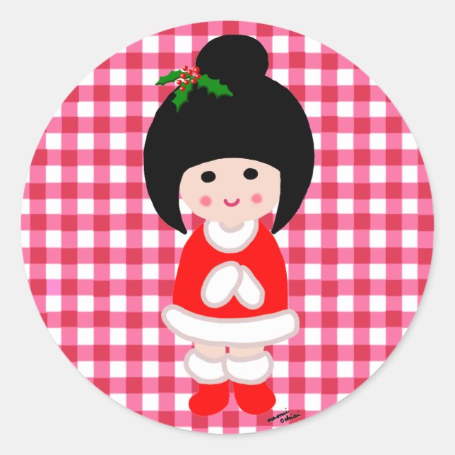Kokeshi Girl Christmas Classic Round Sticker (Front)