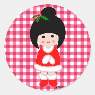 Kokeshi Girl Christmas Classic Round Sticker