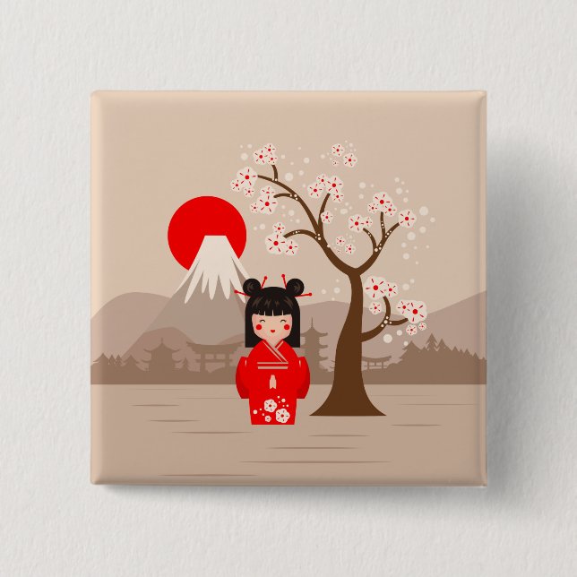 Kokeshi - Japanese Doll 2 Inch Square Button (Front)