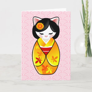 Kokeshi Maneki Neko Japanese Lucky Cat Thank You Card