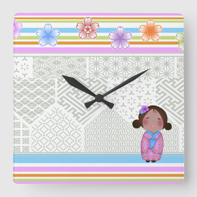 kokeshi sakura square wall clock (Front)