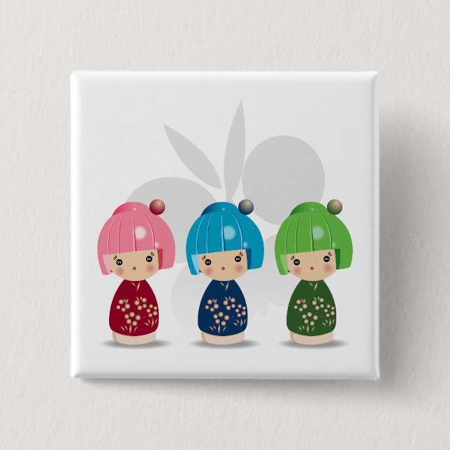 Kokeshi Triplets wButterfly BKGD 2 Inch Square Button (Front)