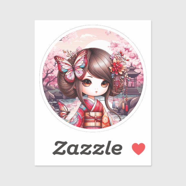 Kokeshi With Pink Landscape, Kokeshi Sticker (Sheet)
