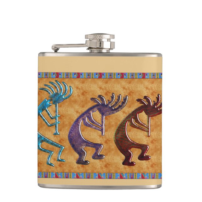 Kokopelli 3D Anasazi Native American Motif Hip Flask (Front)