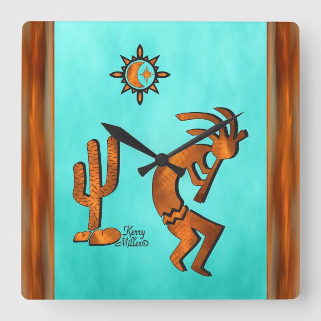 Kokopelli And Cactus Square Wall Clock (Front)