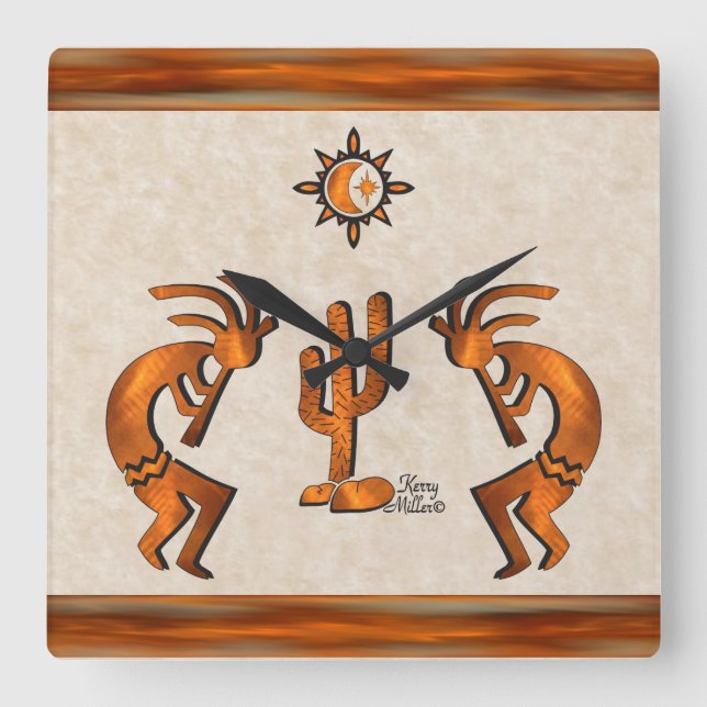 Kokopelli And Cactus Square Wall Clock (Front)