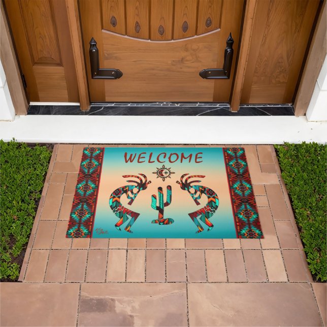 Kokopelli And Cactus Welcome Door Mat (Outdoor)