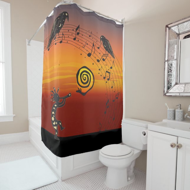 Kokopelli and Ravens Shower Curtain (In Situ)