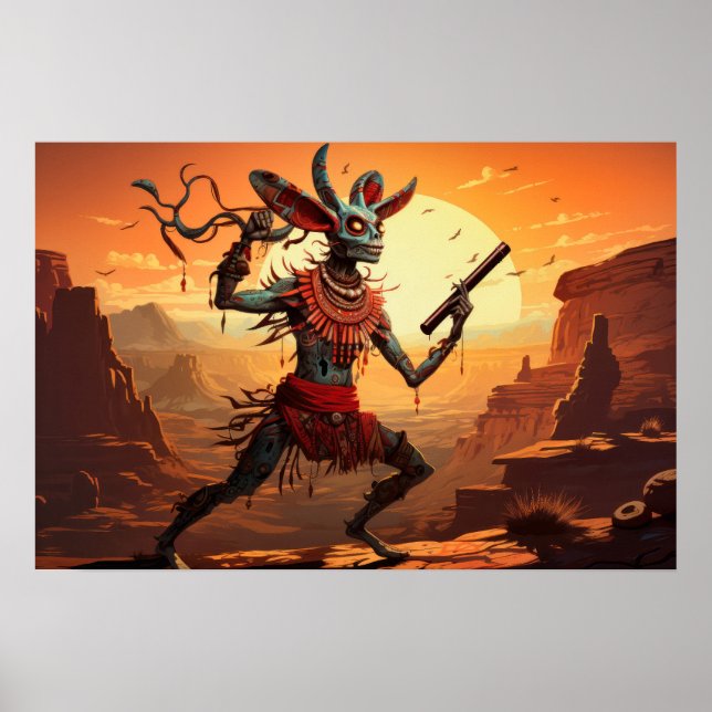 Kokopelli Dancing At Cliff Edge Poster (Front)
