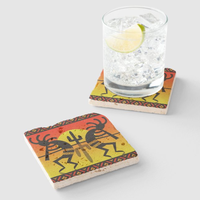 Kokopelli Desert Sun Cactus Rustic Southwest Stone Coaster (Side)