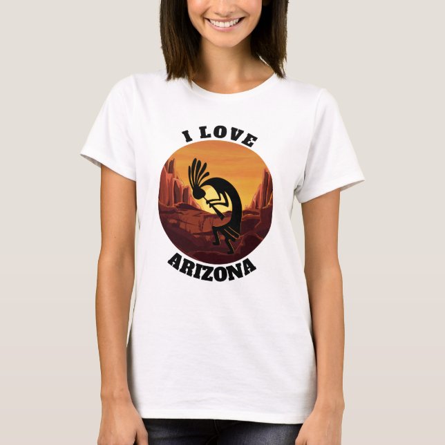 Kokopelli Love Arizona Sunrise Gold Modern Desert T-Shirt (Front)