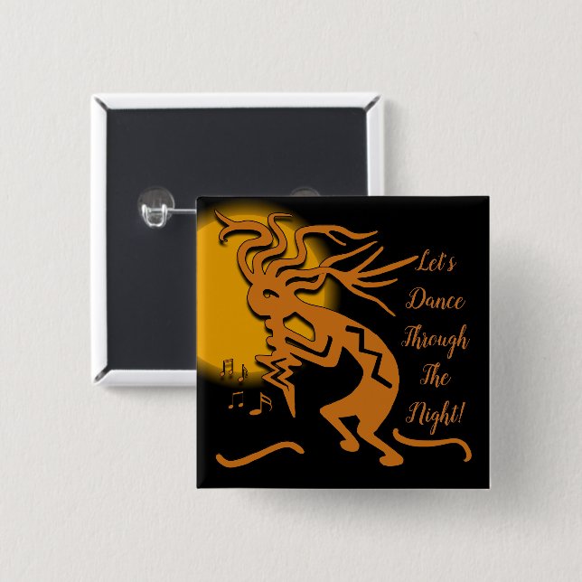 Kokopelli Merrymaker With Flute and Musical Notes 2 Inch Square Button (Front & Back)