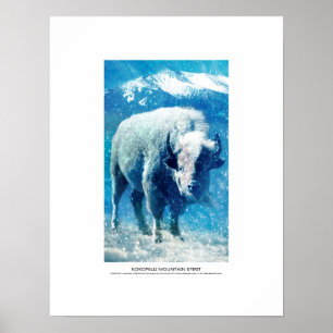 Kokopelli Mountain Spirit, white buffalo in snow Poster