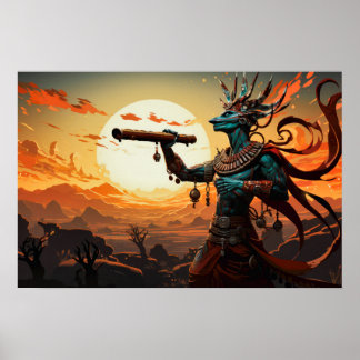Kokopelli Playing Flute In Rocky Hills Of Desert Poster