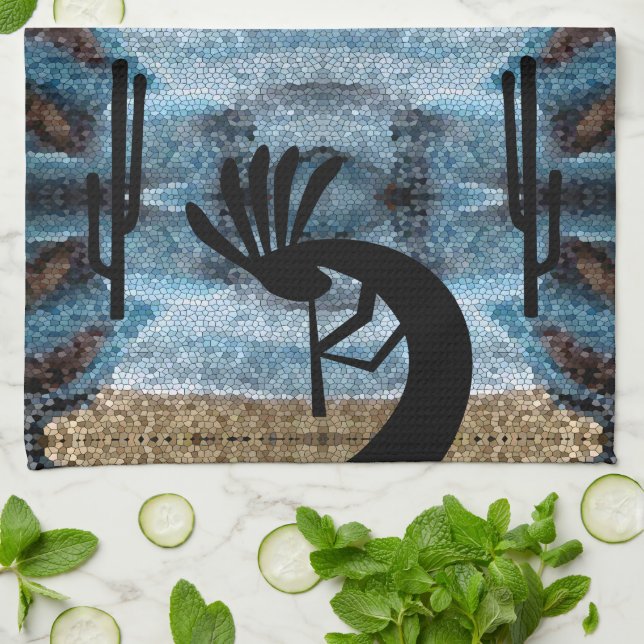 Kokopelli Southwest Desert Blue Mosaic Kitchen Towel (Folded)