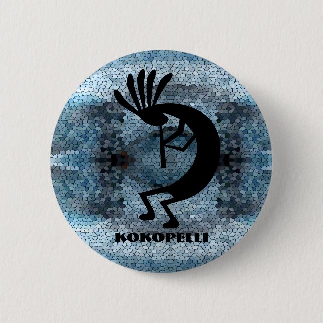 Kokopelli Southwest Desert Mosaic Blue 2 Inch Round Button (Front)