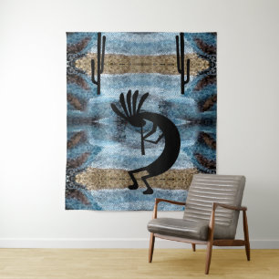 Kokopelli Southwest Desert Mosaic Blue 68 x 80 Tapestry