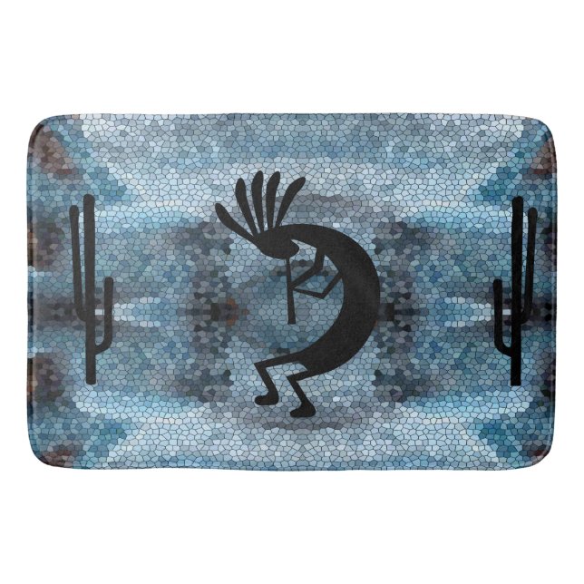 Kokopelli Southwest Desert Mosaic Blue Bath Mat (Front)