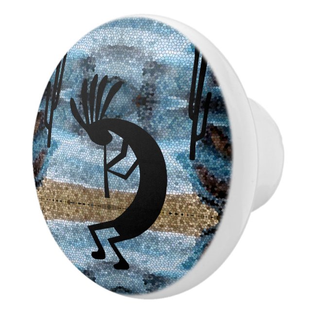 Kokopelli Southwest Desert Mosaic Blue Ceramic Knob (Right)