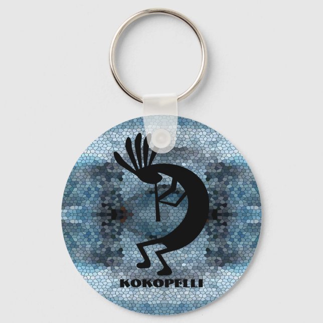 Kokopelli Southwest Desert Mosaic Blue Keychain (Front)