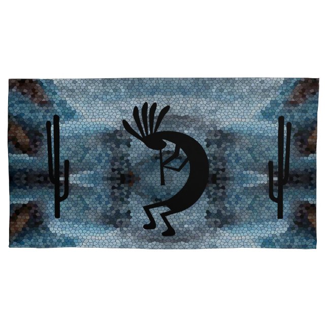 Kokopelli Southwest Desert Mosaic Blue King Pillowcase (Front)